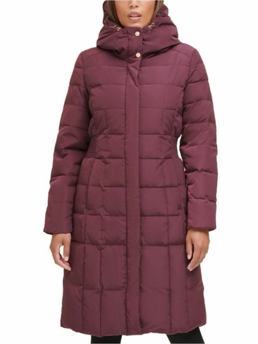 Cole Haan Women’s Box-Quilted Down Puffer Hooded Coat In Merlot Size S - Picture 3 of 8